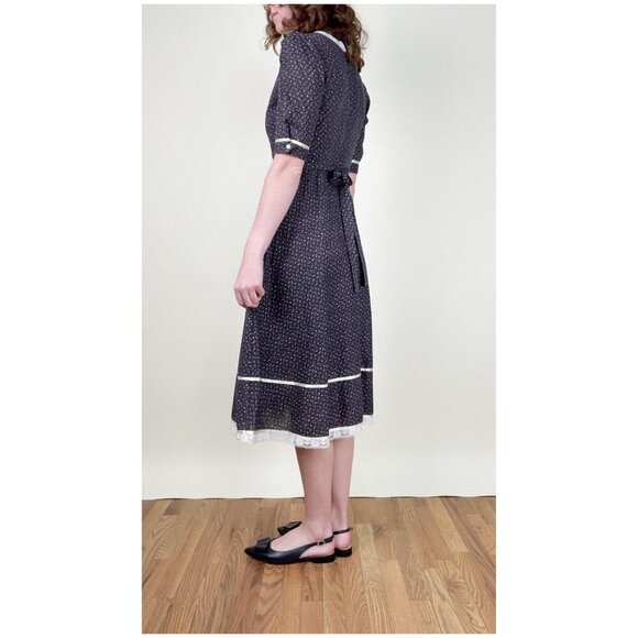 Vintage 70s Puff Sleeve Midi Dress Cottagecore Prairie Floral Print Lace Western - Picture 2 of 7